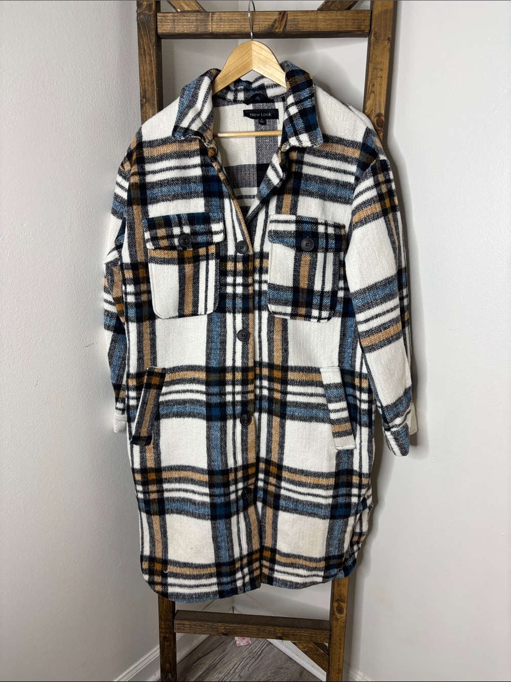 New Look Cream Plaid Long Shacket with Blue and Brown Checks Size L